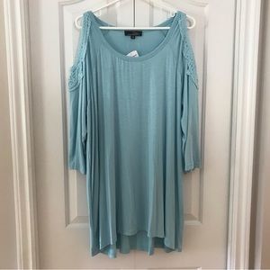 Cold Shoulder Crochet Trim Tunic Top - Light Blue